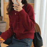 DERMEARNE Korean Round Neck Knitted Cardigan Women Autumn Winter Simple Single Breasted Sweaters Woman Solid Color Long Sleeve Cardigans