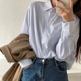 DERMEARNE Korean Striped Loose All-match Blouse Spring Autumn New Polo Neck Long Sleeve Preppy Style Shirt Tops Trend Casual Women Clothes