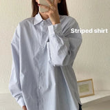 DERMEARNE Korean Striped Loose All-match Blouse Spring Autumn New Polo Neck Long Sleeve Preppy Style Shirt Tops Trend Casual Women Clothes