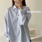 DERMEARNE Korean Striped Loose All-match Blouse Spring Autumn New Polo Neck Long Sleeve Preppy Style Shirt Tops Trend Casual Women Clothes