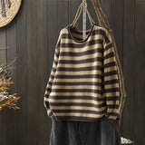DERMEARNE Korean Style Contrasting Color Stripes Ulzzang Loose 2025 Autumn New Versatile Knitted Women's Casual Pullovers Top