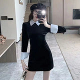 DERMEARNE Korean Style Fake Two-piece Spliced Polo Collar Slim Fit Dress for Women with Autumn Temperament Versatile and Hip Hugging Skirt