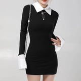 DERMEARNE Korean Style Fake Two-piece Spliced Polo Collar Slim Fit Dress for Women with Autumn Temperament Versatile and Hip Hugging Skirt