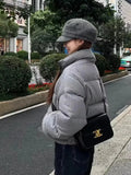 DERMEARNE Korean Style High-end Short Gray Cotton Parkas Loose  Warm Thickened Stand Collar Outwear 2025 New Winter Coat Women