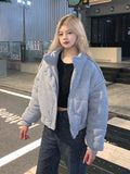 DERMEARNE Korean Style High-end Short Gray Cotton Parkas Loose  Warm Thickened Stand Collar Outwear 2025 New Winter Coat Women