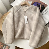 DERMEARNE Korean Version Autumn Winter Women's New Coat Soft Lamb Wool V-Neck Zipper Thicken Warm Fleece Jacket Solid Texture Short Coat