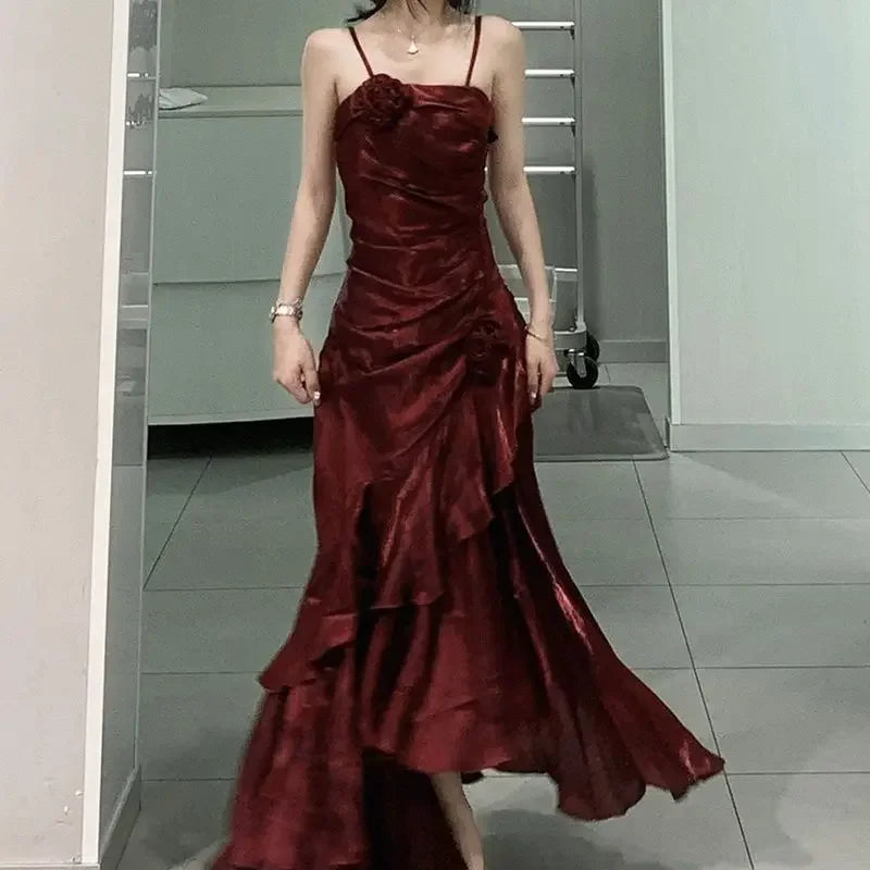 Dermearne Korean Vintage Velvet Long Dress Women Luxury Slim Mermaid Spaghetti Strap Floral Dress Elegant Sexy Casual Evening Party Dress