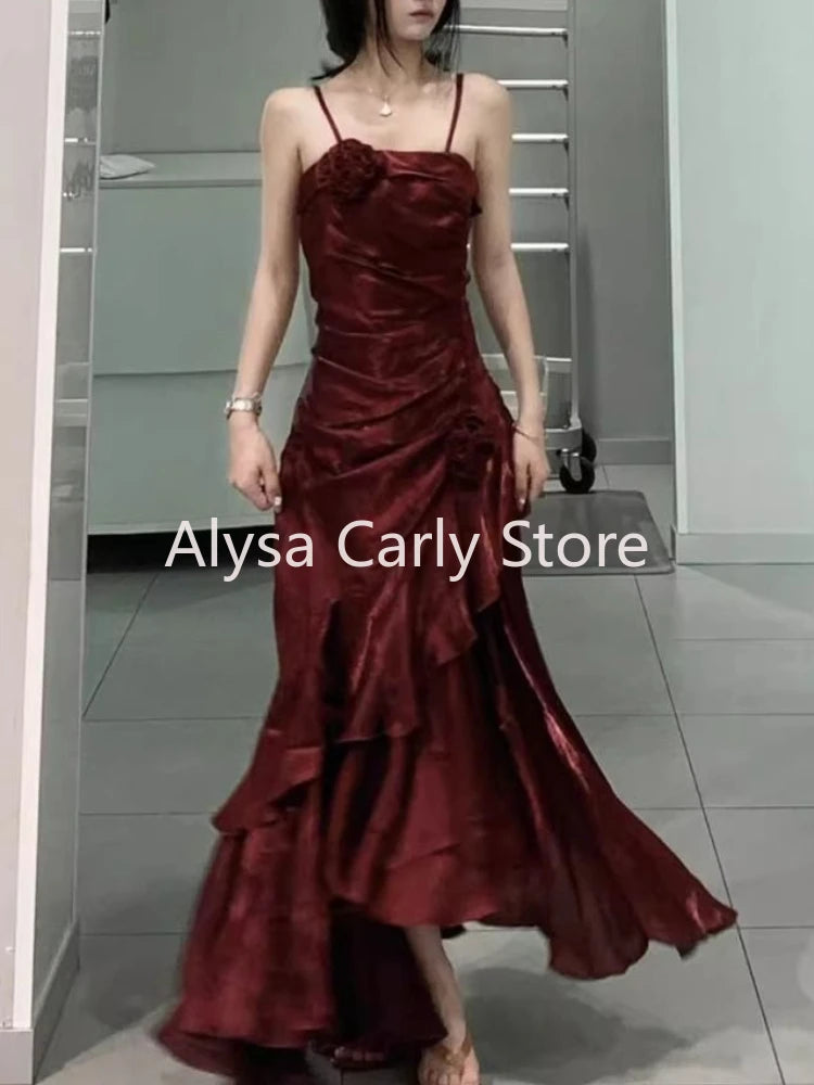 Dermearne Korean Vintage Velvet Long Dress Women Luxury Slim Mermaid Spaghetti Strap Floral Dress Elegant Sexy Casual Evening Party Dress