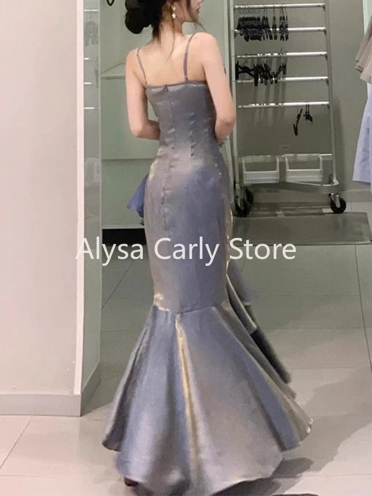 Dermearne Korean Vintage Velvet Long Dress Women Luxury Slim Mermaid Spaghetti Strap Floral Dress Elegant Sexy Casual Evening Party Dress