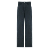 DERMEARNE Korean Women Patchwork Baggy Jeans High Street Y2K Casual Grunge Cargo Pants Fashion Chic Rivet Detail Sweatpants 90s