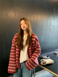 DERMEARNE Korean style Women Red Streak Striped Cardigans Contrast Color V Neck Spring Autumn Cardigan Women Single Breasted Sweaters