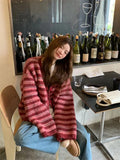 DERMEARNE Korean style Women Red Streak Striped Cardigans Contrast Color V Neck Spring Autumn Cardigan Women Single Breasted Sweaters