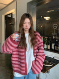 DERMEARNE Korean style Women Red Streak Striped Cardigans Contrast Color V Neck Spring Autumn Cardigan Women Single Breasted Sweaters