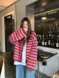 DERMEARNE Korean style Women Red Streak Striped Cardigans Contrast Color V Neck Spring Autumn Cardigan Women Single Breasted Sweaters
