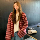 DERMEARNE Korean style Women Red Streak Striped Cardigans Contrast Color V Neck Spring Autumn Cardigan Women Single Breasted Sweaters