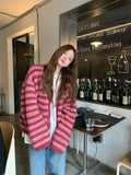 DERMEARNE Korean style Women Red Streak Striped Cardigans Contrast Color V Neck Spring Autumn Cardigan Women Single Breasted Sweaters