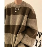 Dermearne Korean style patchwork striped sweater for men in autumn and winter lazy loose knitted sweater round neck retro trendy sweater