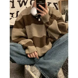 Dermearne Korean style patchwork striped sweater for men in autumn and winter lazy loose knitted sweater round neck retro trendy sweater
