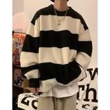 Dermearne Korean style patchwork striped sweater for men in autumn and winter lazy loose knitted sweater round neck retro trendy sweater