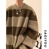 Dermearne Korean style patchwork striped sweater for men in autumn and winter lazy loose knitted sweater round neck retro trendy sweater