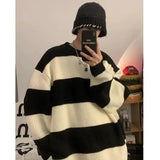 Dermearne Korean style patchwork striped sweater for men in autumn and winter lazy loose knitted sweater round neck retro trendy sweater