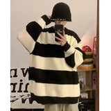 Dermearne Korean style patchwork striped sweater for men in autumn and winter lazy loose knitted sweater round neck retro trendy sweater