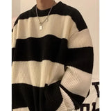 Dermearne Korean style patchwork striped sweater for men in autumn and winter lazy loose knitted sweater round neck retro trendy sweater