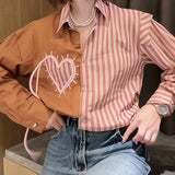 DERMEARNE Korean temperament POLO collar stitching stripe chic love long sleeve shirt women's early autumn new small fragrance top.