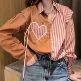 DERMEARNE Korean temperament POLO collar stitching stripe chic love long sleeve shirt women's early autumn new small fragrance top.
