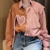 DERMEARNE Korean temperament POLO collar stitching stripe chic love long sleeve shirt women's early autumn new small fragrance top.