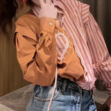 DERMEARNE Korean temperament POLO collar stitching stripe chic love long sleeve shirt women's early autumn new small fragrance top.