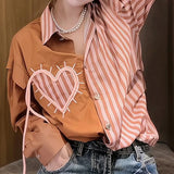 DERMEARNE Korean temperament POLO collar stitching stripe chic love long sleeve shirt women's early autumn new small fragrance top.