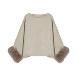DERMEARNE Korejpaa Casual Elegant Pullover Sweaters Women Fur Patchwork Long Sleeve Top Gentle Off Shoulder Solid Simple Loose Pull Femme