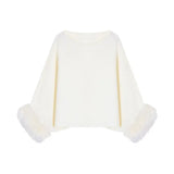 DERMEARNE Korejpaa Casual Elegant Pullover Sweaters Women Fur Patchwork Long Sleeve Top Gentle Off Shoulder Solid Simple Loose Pull Femme