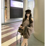 DERMEARNE Korejpaa Casual Elegant Pullover Sweaters Women Fur Patchwork Long Sleeve Top Gentle Off Shoulder Solid Simple Loose Pull Femme