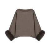 DERMEARNE Korejpaa Casual Elegant Pullover Sweaters Women Fur Patchwork Long Sleeve Top Gentle Off Shoulder Solid Simple Loose Pull Femme