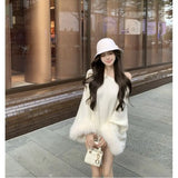 DERMEARNE Korejpaa Casual Elegant Pullover Sweaters Women Fur Patchwork Long Sleeve Top Gentle Off Shoulder Solid Simple Loose Pull Femme