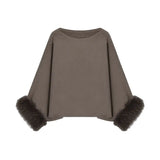 DERMEARNE Korejpaa Casual Elegant Pullover Sweaters Women Fur Patchwork Long Sleeve Top Gentle Off Shoulder Solid Simple Loose Pull Femme