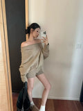 DERMEARNE Korejpaa Elegant Sweater Short Sets Women Autumn Winter Slanted Shoulder Knitted Sweaters High Waist Shorts Two Piece Set