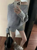 DERMEARNE Korejpaa Elegant Sweater Short Sets Women Autumn Winter Slanted Shoulder Knitted Sweaters High Waist Shorts Two Piece Set