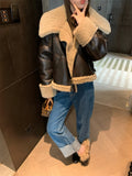 DERMEARNE LY VAREY LIN New Autumn Winter Streetwear Faux Leather Lamb Fur Short Jacket Women Vintage Loose Thick Warm Moto Biker Pu Coat