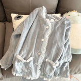 DERMEARNE Lace Sleepwear Women Pajama Sets Winter Warm Piiama Fleece Night Wears Button Sets for Women 2 Pieces Pocket V-neck Home Suit