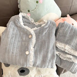 DERMEARNE Lace Sleepwear Women Pajama Sets Winter Warm Piiama Fleece Night Wears Button Sets for Women 2 Pieces Pocket V-neck Home Suit