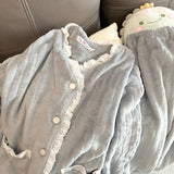 DERMEARNE Lace Sleepwear Women Pajama Sets Winter Warm Piiama Fleece Night Wears Button Sets for Women 2 Pieces Pocket V-neck Home Suit