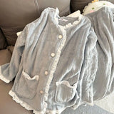 DERMEARNE Lace Sleepwear Women Pajama Sets Winter Warm Piiama Fleece Night Wears Button Sets for Women 2 Pieces Pocket V-neck Home Suit