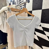 DERMEARNE Lace Trim Bow Red Slim T-shirt Women New Sexy V Neck Puff Sleeve Cotton Basic Tee Shirts Sweet Chic Vintage Crop Tops Tees Y2k