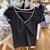 DERMEARNE Lace Trim Bow Red Slim T-shirt Women New Sexy V Neck Puff Sleeve Cotton Basic Tee Shirts Sweet Chic Vintage Crop Tops Tees Y2k