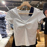 DERMEARNE Lace Trim Bow Red Slim T-shirt Women New Sexy V Neck Puff Sleeve Cotton Basic Tee Shirts Sweet Chic Vintage Crop Tops Tees Y2k