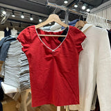 DERMEARNE Lace Trim Bow Red Slim T-shirt Women New Sexy V Neck Puff Sleeve Cotton Basic Tee Shirts Sweet Chic Vintage Crop Tops Tees Y2k