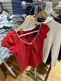 DERMEARNE Lace Trim Bow Red Slim T-shirt Women New Sexy V Neck Puff Sleeve Cotton Basic Tee Shirts Sweet Chic Vintage Crop Tops Tees Y2k